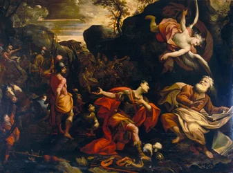 Abraham bietet Melchisedek einen Zehnten aus der Beute nach dem Sieg über die Völker des Schaveh-Tals an